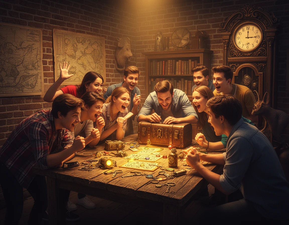 Groupe d'amis surexcités autour d'un coffre mystérieux dans une salle d'escape room aux murs en briques, avec cartes, clés et une horloge ancienne
