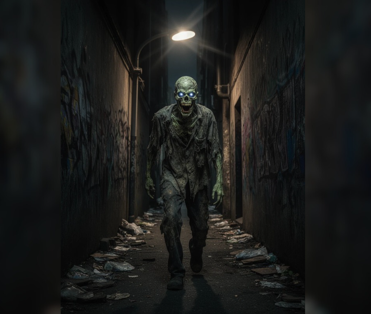Zombie aux yeux bleus lumineux marchant dans une ruelle sombre et jonchée de débris – ambiance horreur pour escape game à domicile