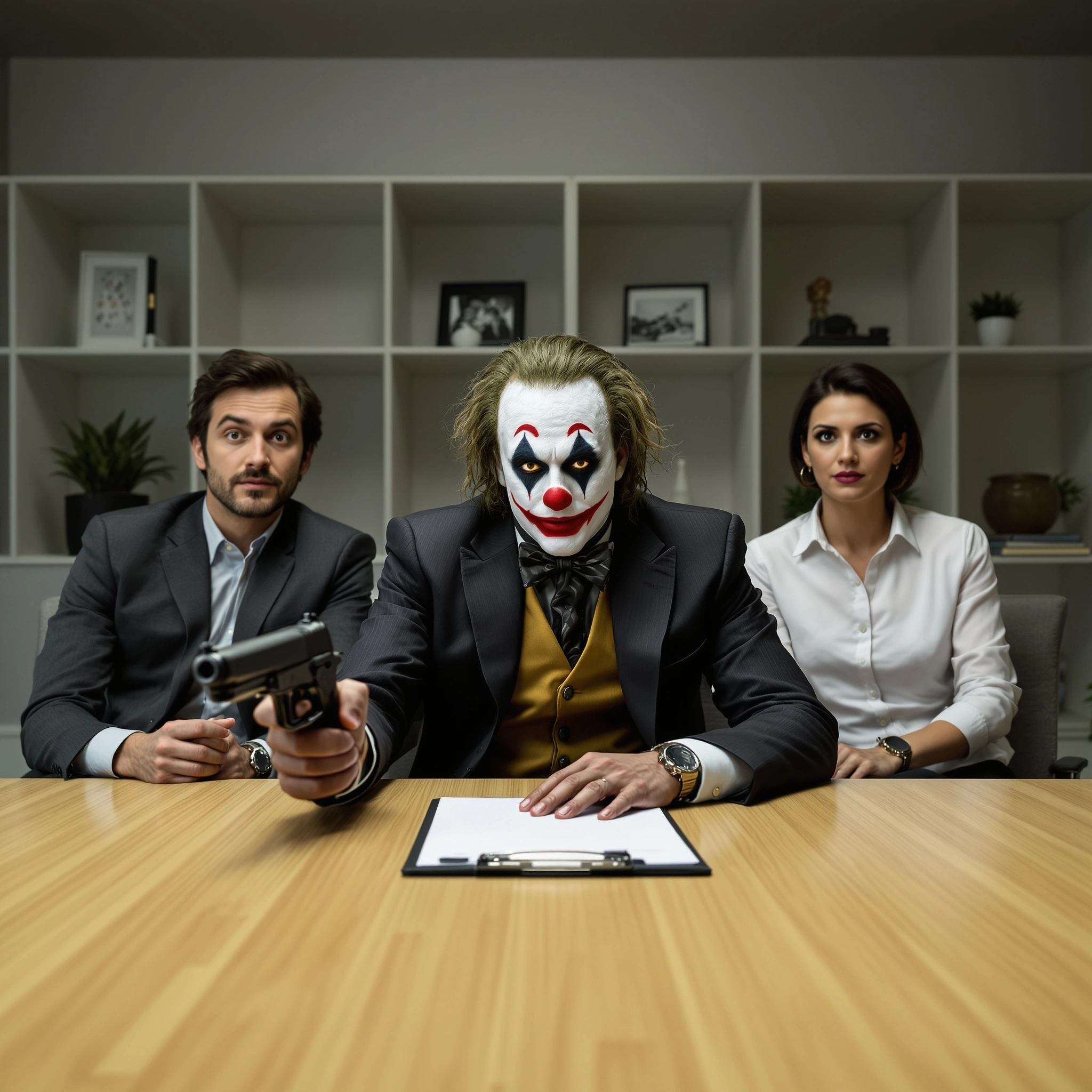 Illustration escape game braque ton entreprise derrière un bureau.