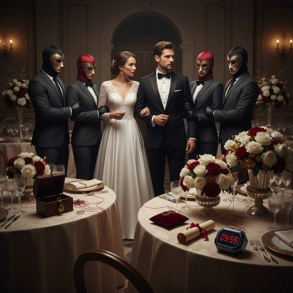 Mariés entourés de personnages masqués lors du scénario Braque ton mariage en escape game