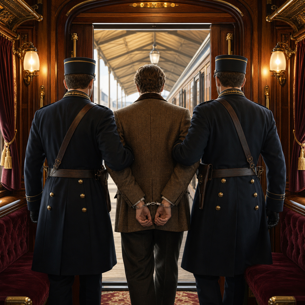 une personne avec les menottes aux poignées se fait accompagnée par deux policiers vers la sortie d'un wagon de train.