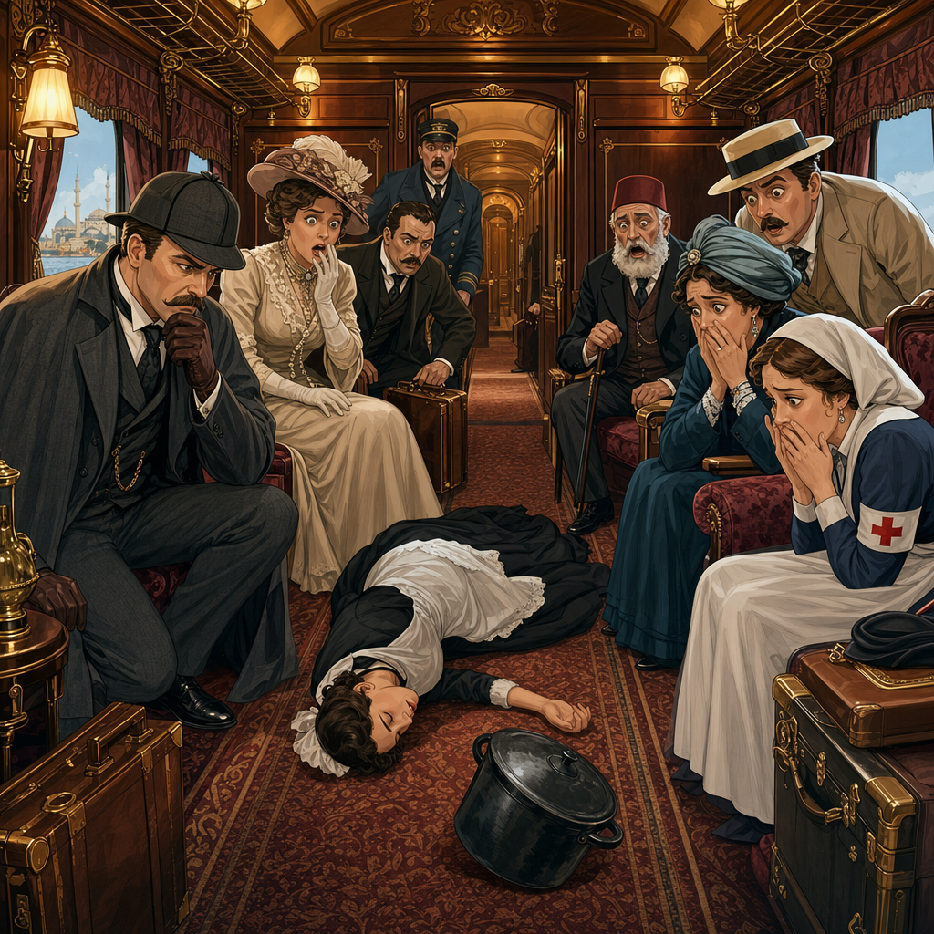 dans un wagon de train une servante gît sur le sol à coté d'une marmite en fonte entouré de quelques personnes choquées de la scène
