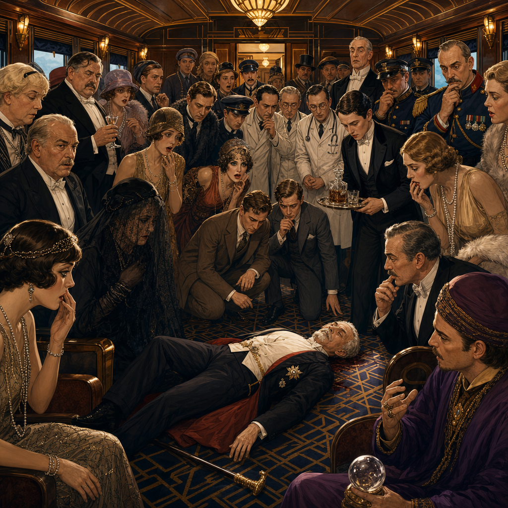 Dans un train de 1920. Un baron gît sur le sol entouré  de beaucoup de personne autour de lui avec des visage choqués